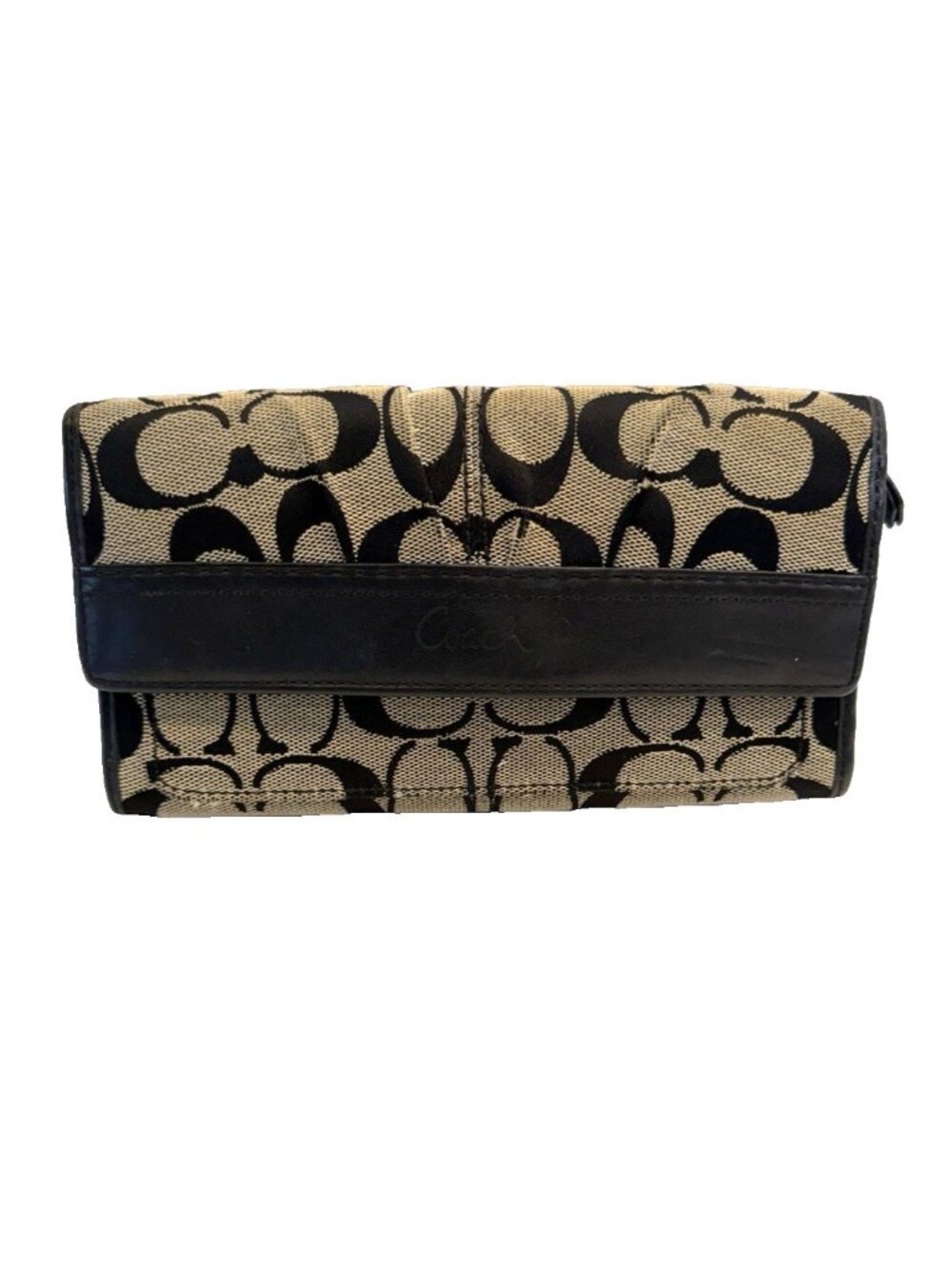 Coach Signature‎ C Monogram Tan  Brown Leather Trim Trifold Wallet